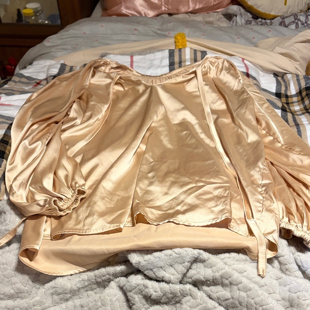 Silky Beige Blouse with Puff Sleeves
